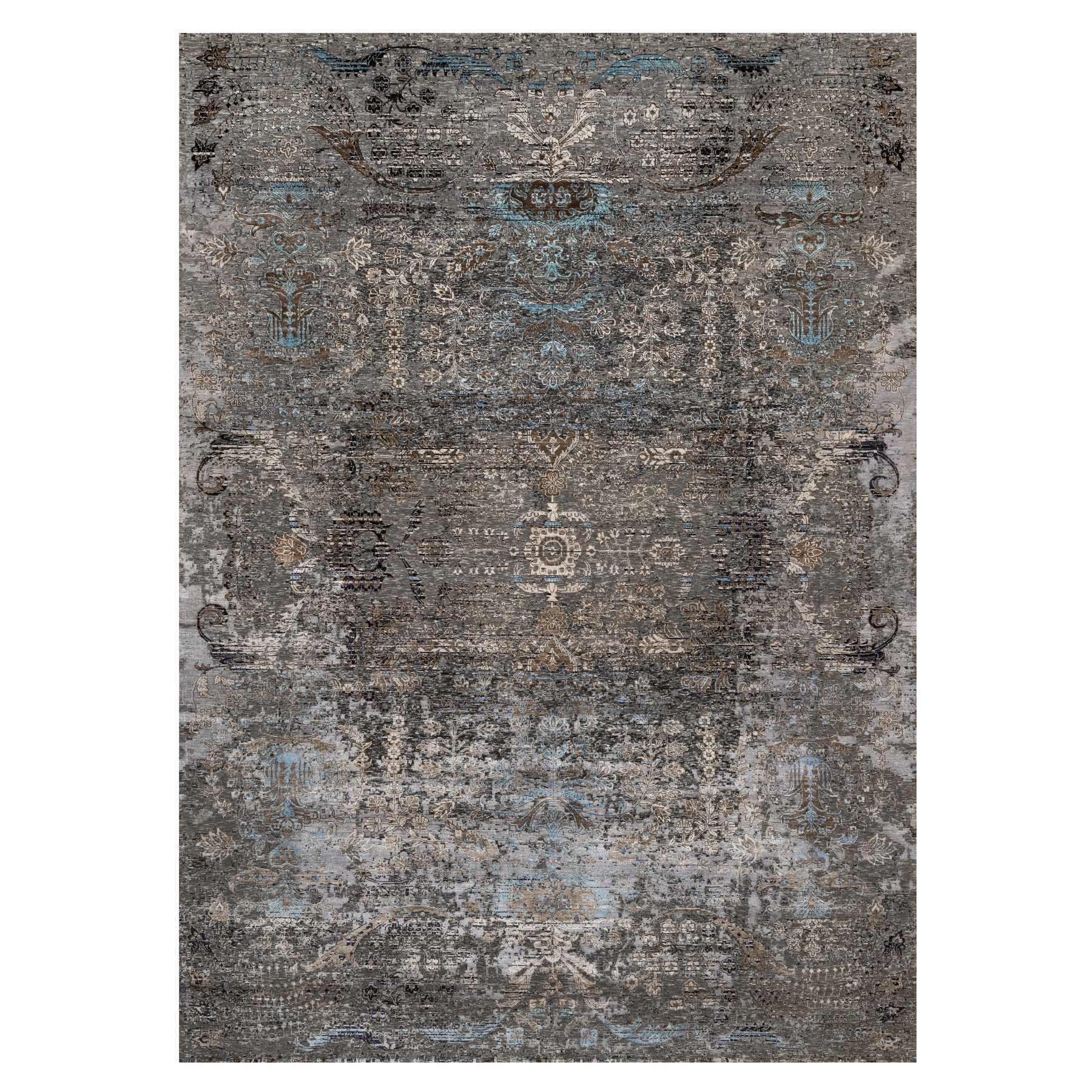 10'x14' Shades of Brown, Transitional Persian Influence Erased Medallion Design, Borderless, Silk with Textured Wool, Hand Knotted Oriental Rug 